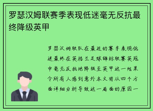 罗瑟汉姆联赛季表现低迷毫无反抗最终降级英甲