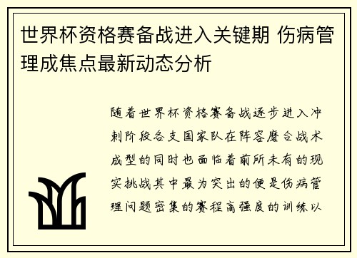 世界杯资格赛备战进入关键期 伤病管理成焦点最新动态分析 世界杯资格赛备战进入关键期 伤病管理成焦点最新动态分析